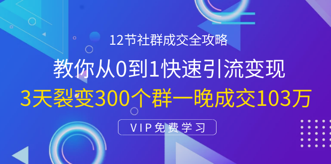 12节社群成交全攻略：从0到1快速引流变现，3天裂变300个群一晚成交103万_酷乐网