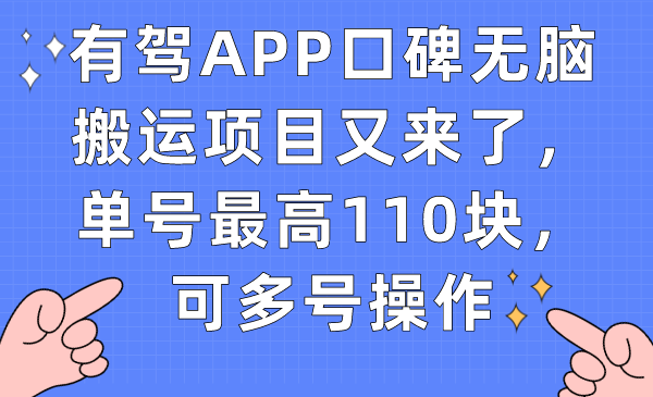 有驾APP口碑无脑搬运项目又来了，单号最高110块，可多号操作_酷乐网