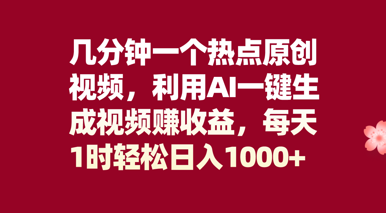 几分钟一个热点原创视频，利用AI一键生成视频赚收益，每天1时轻松日入1000+_酷乐网