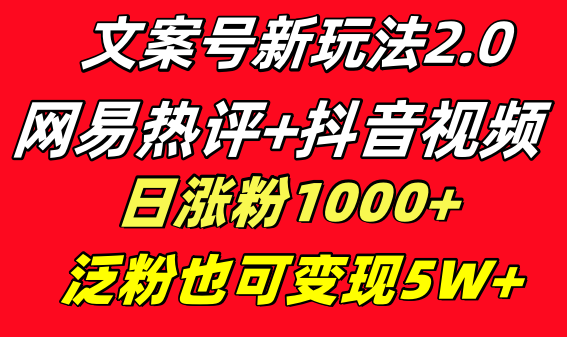 文案号新玩法 网易热评+抖音文案 一天涨粉1000+ 多种变现模式 泛粉也可变现_酷乐网