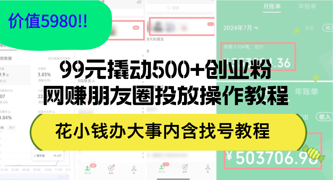 99元撬动500+创业粉，网赚朋友圈投放操作教程价值5980！花小钱办大事内…_酷乐网