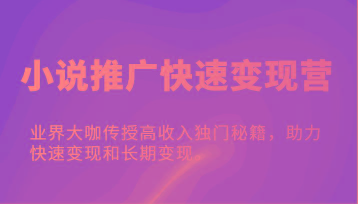 小说推广快速变现营-业界大咖传授高收入独门秘籍，助力快速变现和长期变现。_酷乐网